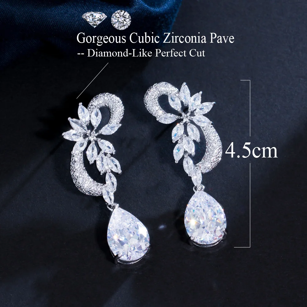 CWWZircons Brand Unique Design Silver Color Luxury Cubic Zircon Flower Drop Stones Long Royal Blue Earrings for Women CZ234 image 5