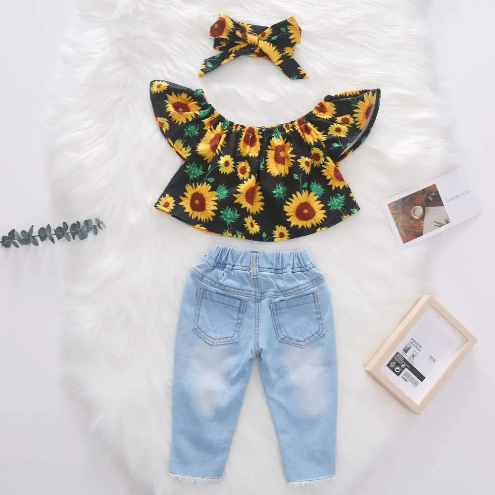 1-6Y Summer Kids Baby Girl Clothes Sets Suits Girls Flying Sleeves Sun Flower Short Sleeves+Denim Pants+Headband 3pcs Suits Sets