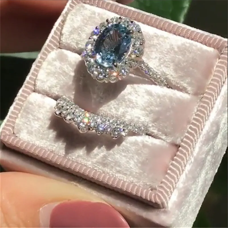 2pcs/set Fashion Oval Cut Natural Blue Crystal Engagement Rings Set Women Wedding Band Party Jewelry Ring Anniversary Gift