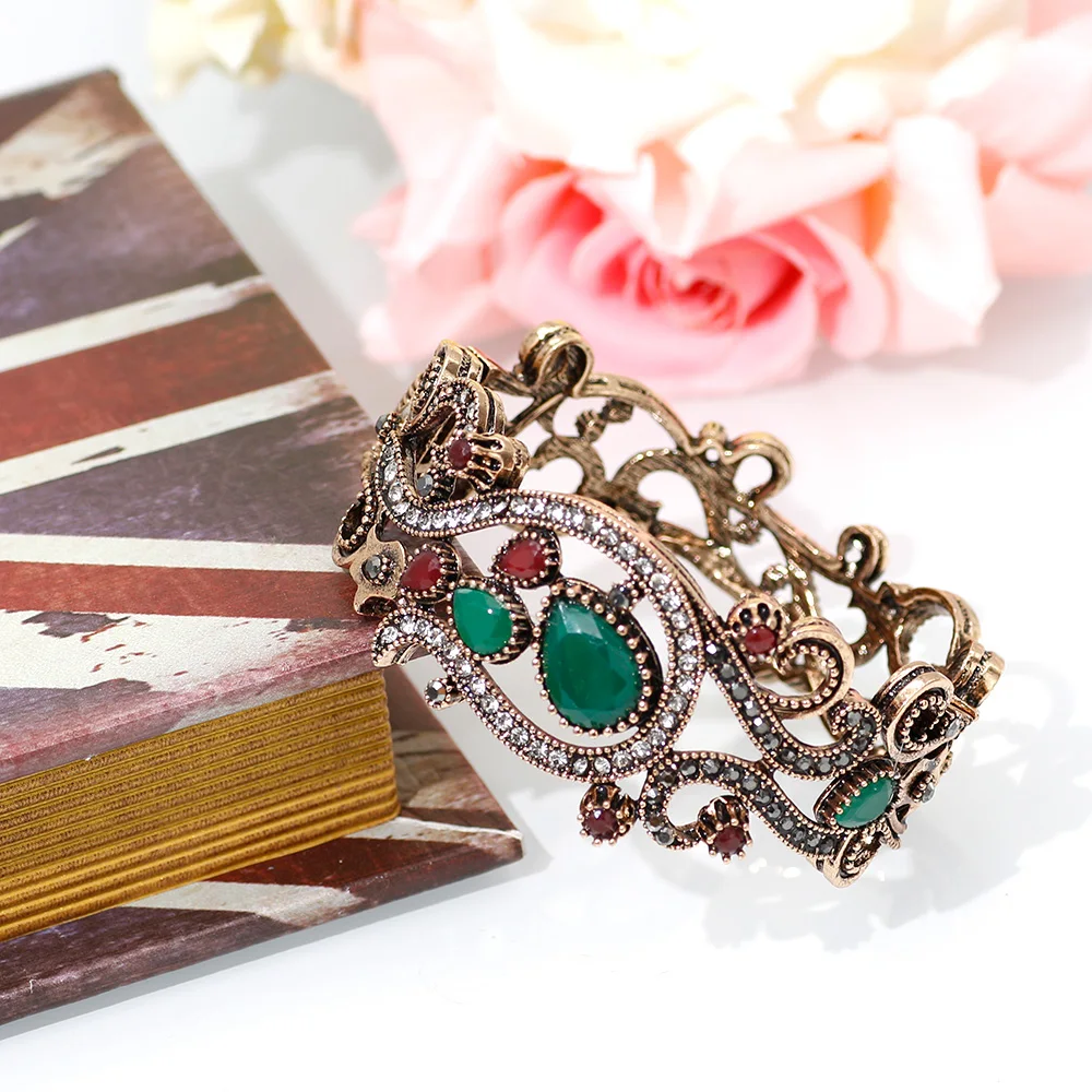 Sunspicems Vintage Turkish Flower Bangle Bohemia Women Bracelet Antique Gold Color Resin Bride Bracelet Wedding Jewelry Gift