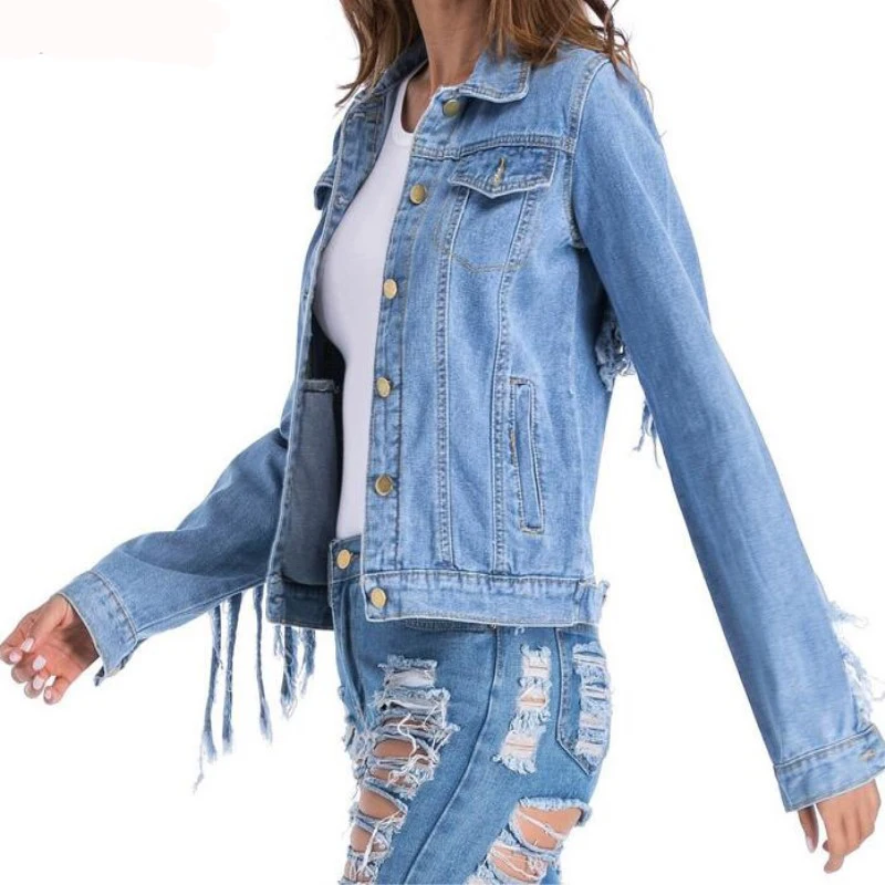 Imagem -04 - Mulheres Denim Jaqueta Tassel Fino Moda Quente Franja Buracos Denim Jaqueta Senhora Elegante Vintage Jaquetas Básico Cabolsas Tamanho Grande