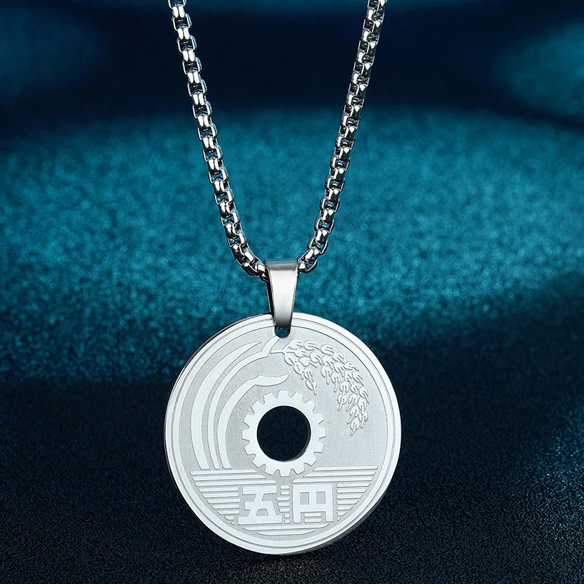 5 Yen Lucky Japanese Coin Necklace For Women Round Circle Stainless Steel Jewelry Fashion Necklace Birthday