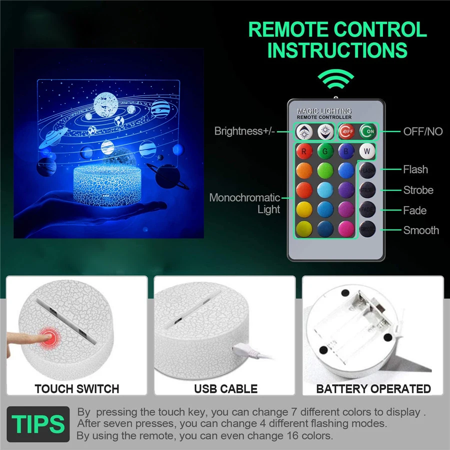 3D Acrylic Night Lamp with Remote Controller, USB, Battery Powered, RGB, Solar System, Bedroom,Study,Gifts, 16 Colors