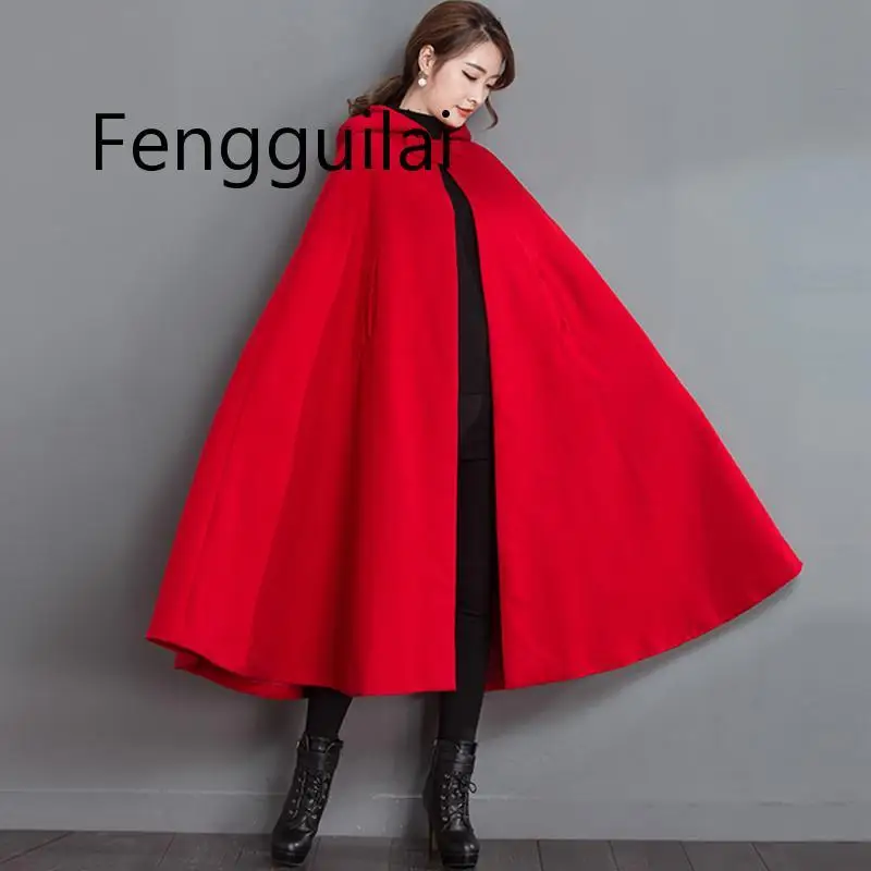 FENGGUILAI 2020 Autumn Winter Womens Capes Red Hooded Poncho Woolen Coats Batwing Long Cloak Capas Ponchos Damas High Quality