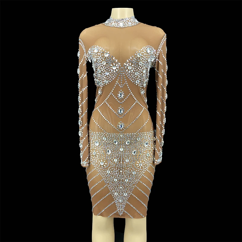 

New Silver Rhinestones Spandex Dress Women's Birthday Celebrate Crystals MINI Dress Evening Female Singer Show Stretch Dress
