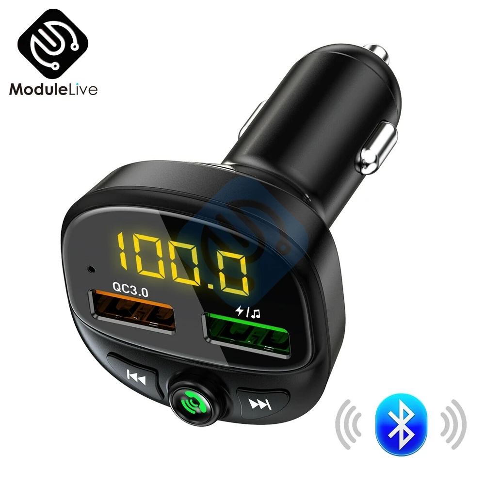 Dual USB Charging Quck Car Charger Bluetooth 5.0 QC3.0 Voltmeter Volt Voltage Monitoring Universal for Moblie Phone and Car 12V