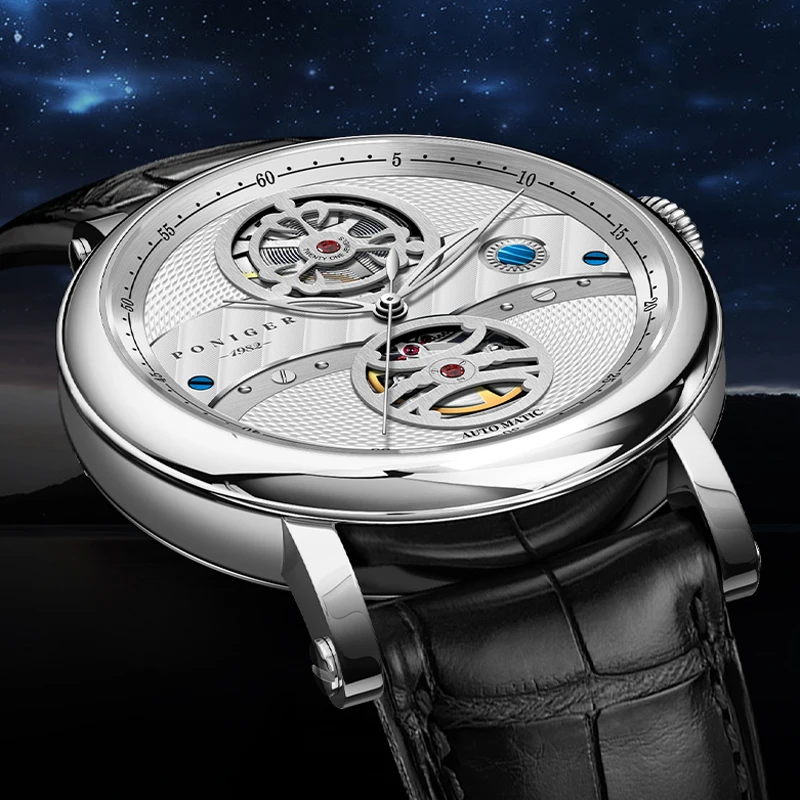 PONIGER Fashion Skeleton Automatic Mechanical Watch Genuine Leather Strap Men Wristwatch Sapphire Glass Waterproof Men Watch