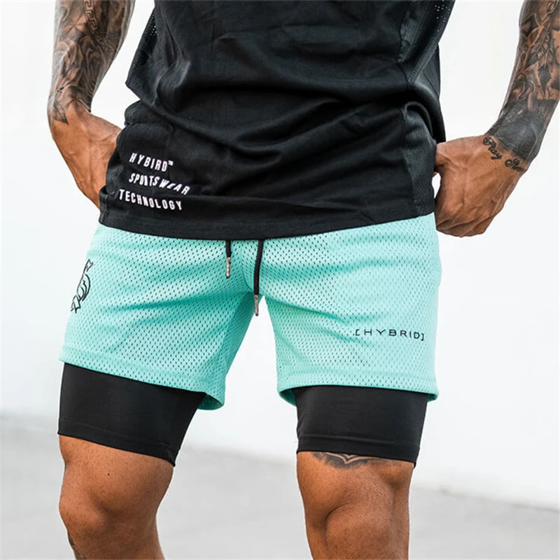 8 cores!!! 2 em 1 esporte camuflagem malha respirável shorts masculino double-deck jogging correndo ginásio de secagem rápida fitness treino buttoms