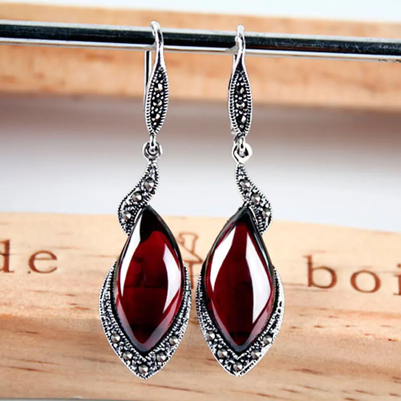 

ZHJIASHUN Retro Natural Garnet Drop Earrings For Women Vintage 100% 925 Silver Sterling Ruby Gemstones Long Earring Jewelry