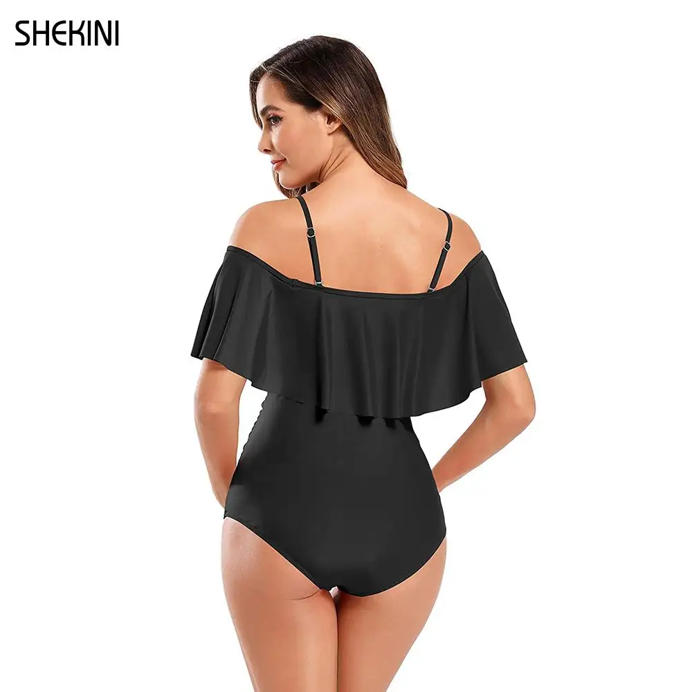 SHEKINI Women's Off-Shoulder Maternity One Piece Swimsuits Ruffle Flounce Pregnancy Bathing Suit Ruched Bikini Beach Swimwear