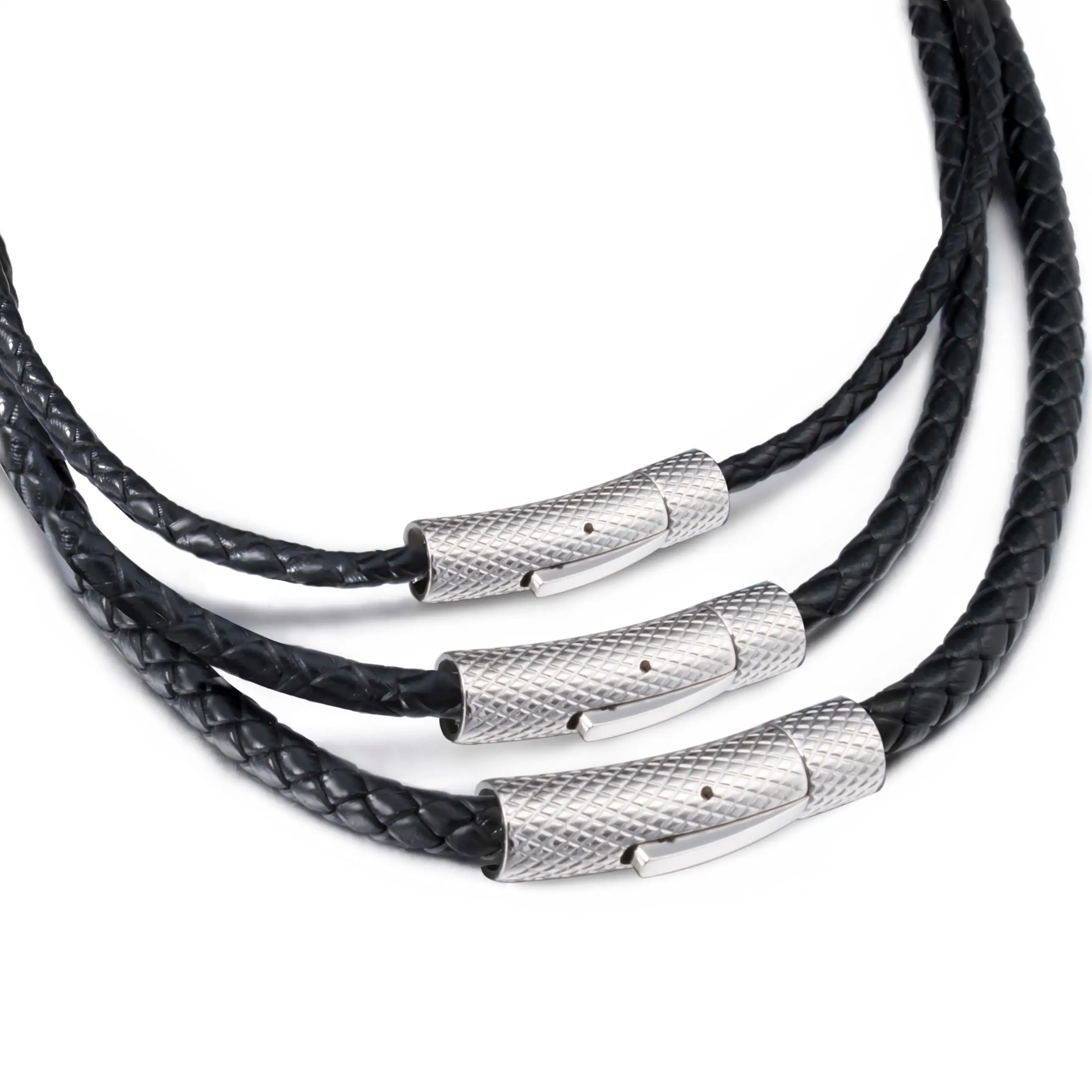 

3/4/5mm Mens Womens Black Braided Genuine Leather Cord Stainless Steel Secure Clasp Necklace Chain Wholesale Jewelry