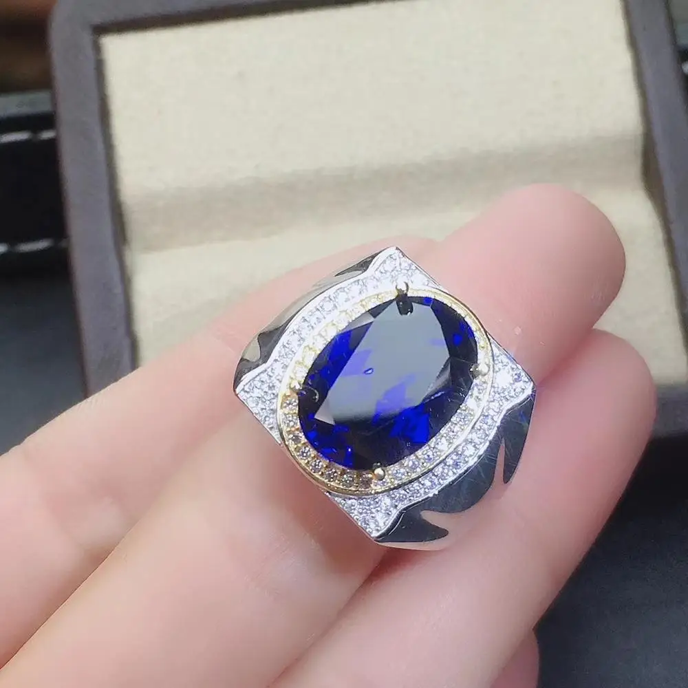 exquisite royal blue sapphire gemstone ring for men ring big gem good cut 925 sterling silver birthday gift big size 10x14mm