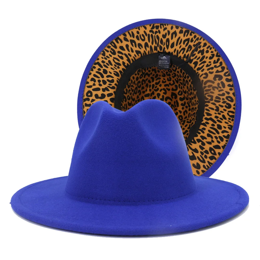 New Purple and Leopard Print Patchwork Dresses Cowboy Jazz Fedora Hats Big Brim Women Men Panama 2 Tone Gambler Party Hat