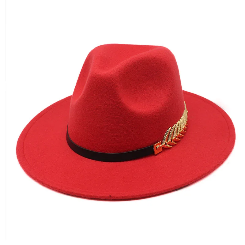 New Metal Leaf Chain Ladies Woolen Hat Autumn and Winter Wide Brim Jazz Hat British Retro Fedora Hat Fashion Church Panama Hat