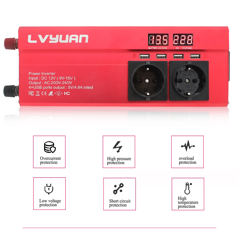 Car Inverter 6000W Peak DC 12V/24V To AC 220V  LED Display & EU Plug Power Inverter Volts Converter Charger Inversor Transformer