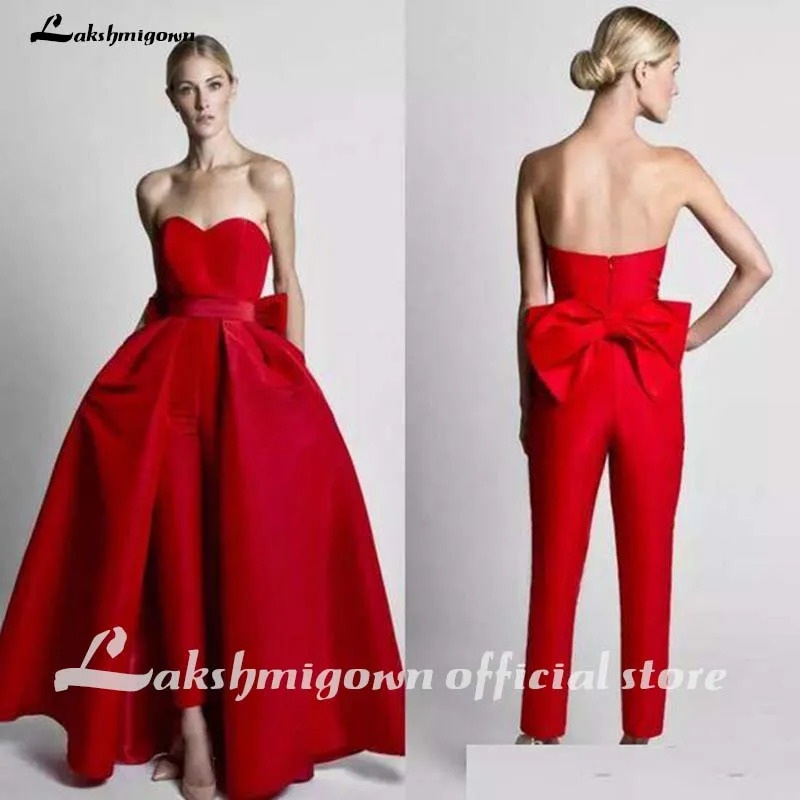 Bescheiden Red Jumpsuits Trouwjurken Met Afneembare Rok Strapless Bruid Gown Bridal Party Broek Voor Vrouwen Custom Made