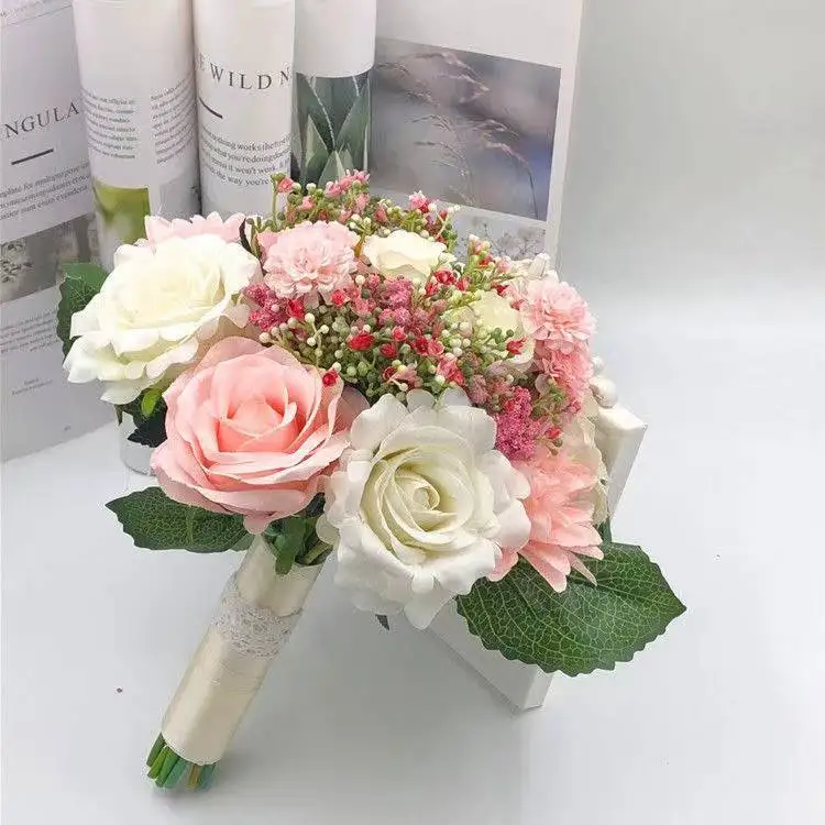 Linda buquê de flores de casamento, acessórios de casamento, buquê de damas de honra, decoração de flores de seda 01