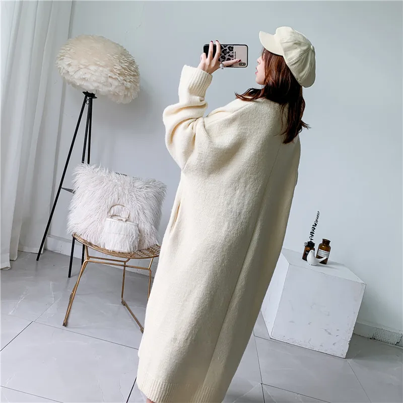 Alpaca Blend Sweater Cardigan Women Winter Coat Pockets Design Batwing Sleeve Knitted Long Cardigan Thick Oversize Sweaters