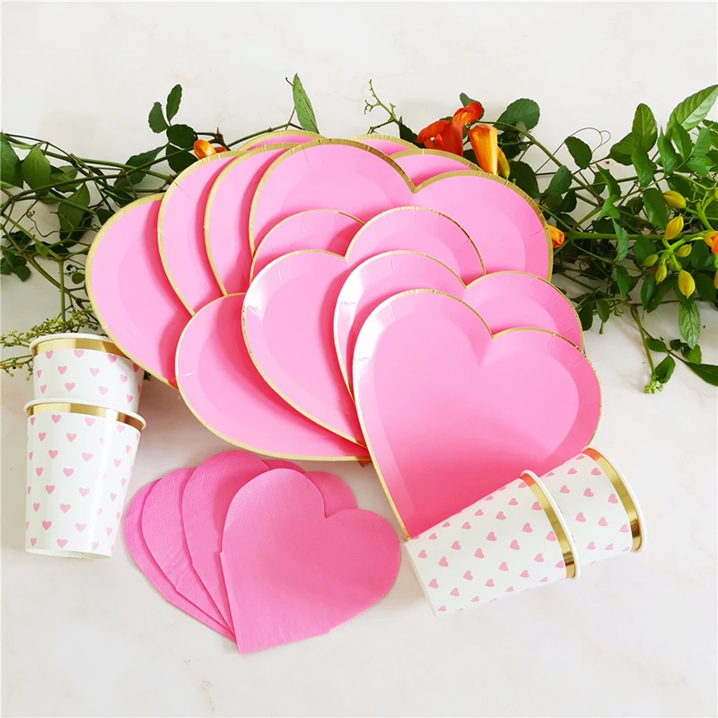 8Pcs Valentijnsdag Wegwerp Servies Wegwerp Papieren Plaat Leuke Roze Liefde Vorm Voor Bruiloft Verjaardag Decor Feestartikelen