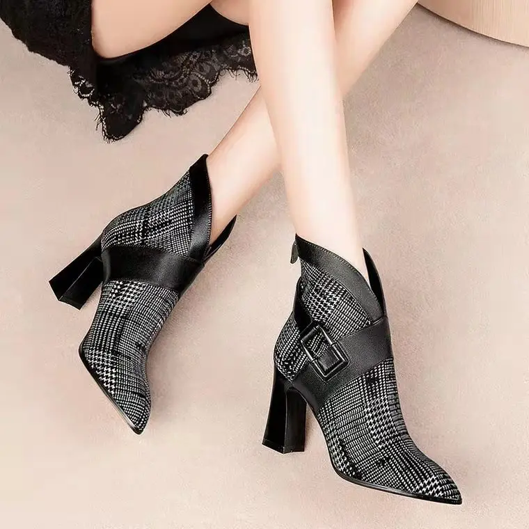 Sexy Women Boots 2020 Autumn and Winter V-Neck High Heels Ankle Shoes Boots Leather Booties Feminina Woman Wedding Party Shoes