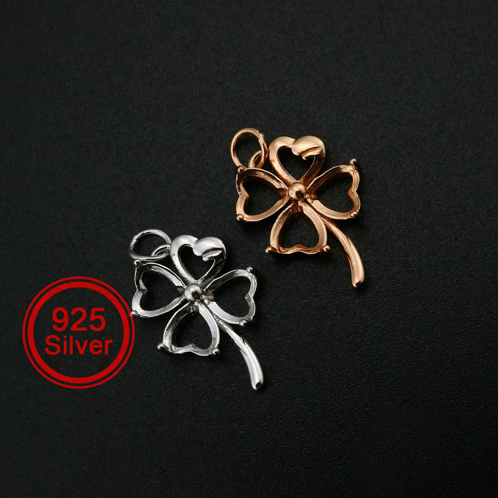 6MM Heart Prong Pendant Settings Lucky Four Leaf Clover Solid 925 Sterling Silver Rose Gold Plated Charm Bezel DIY 1431091