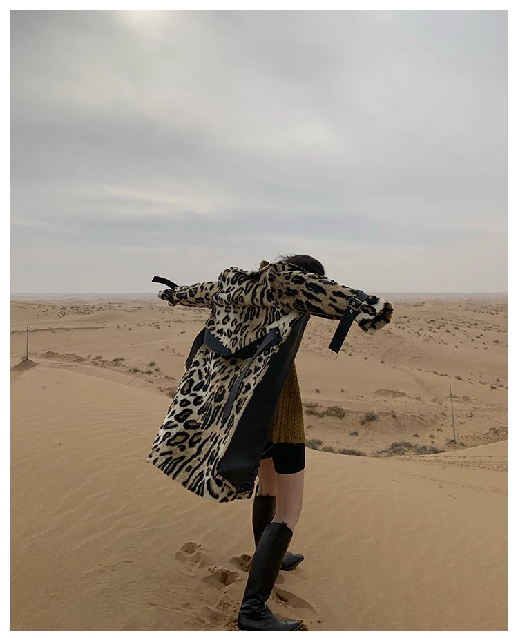 Lautaro Winter Long Leopard Print Warm Fluffy Faux Fur Trench Coat for Women Long Sleeve Double Breasted European Fashion 2021