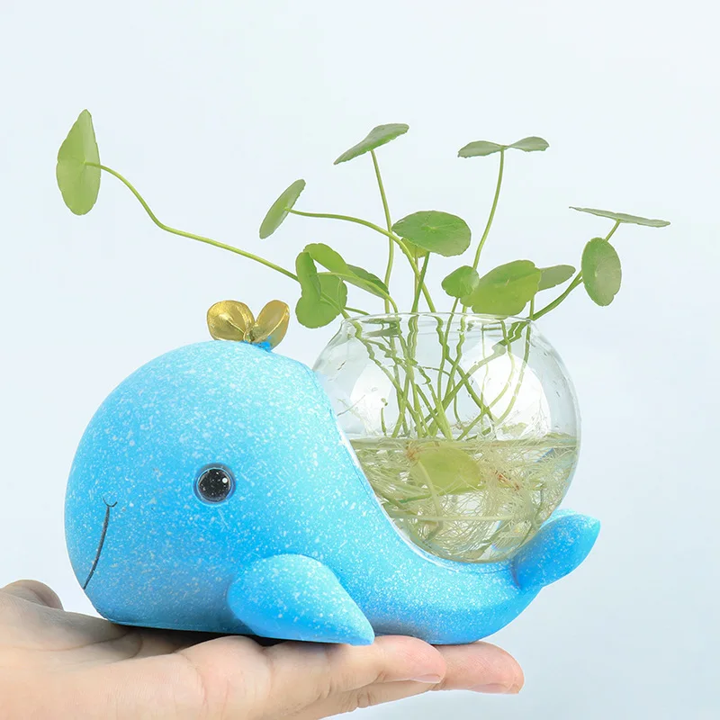 Kawaii Whale Hydroponic Flower Vase Decoration Home Resin Diospyros Vulgaris Plant Pot Cute Room Decor Office Table Centerpieces