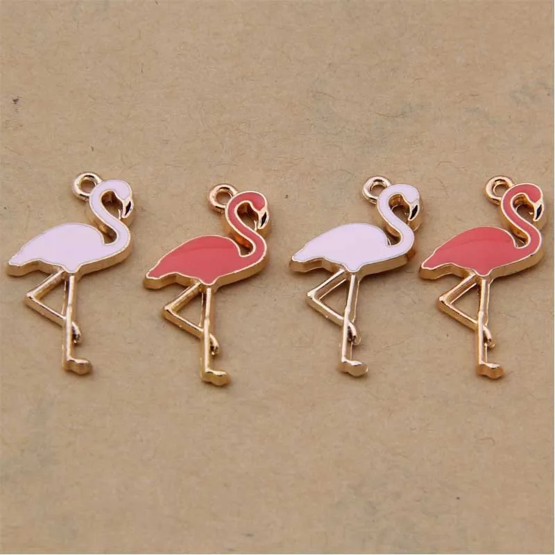 10 PCS/Lot 15*25mm Gold Color Flamingo Pendants Enamel Charms Handmade For DIY Jewelry Making Accessories Jewellery Findings