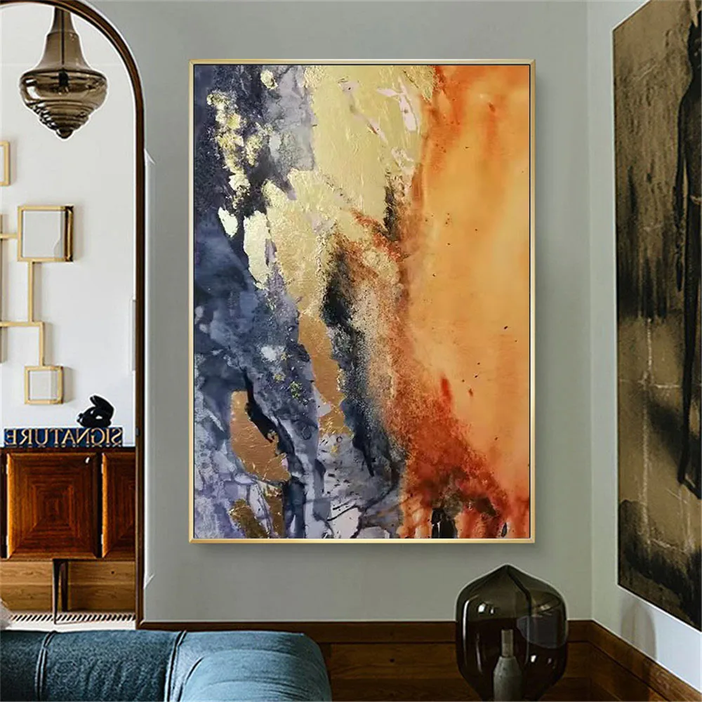 Hand-Painted Oil Paintings Modern Home Canvas Decor Painting Gold Foil Orange Texture Drawing Living Room Big Salon Wall Art