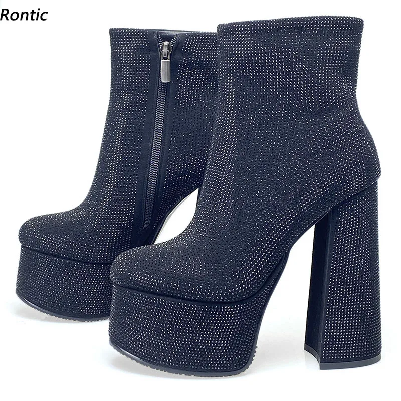 

Olomm Handmade Women Winter Platform Ankle Boots Crystal Block Heels Round Toe Black Grey Boutique Party Shoes Plus US Size 5-15