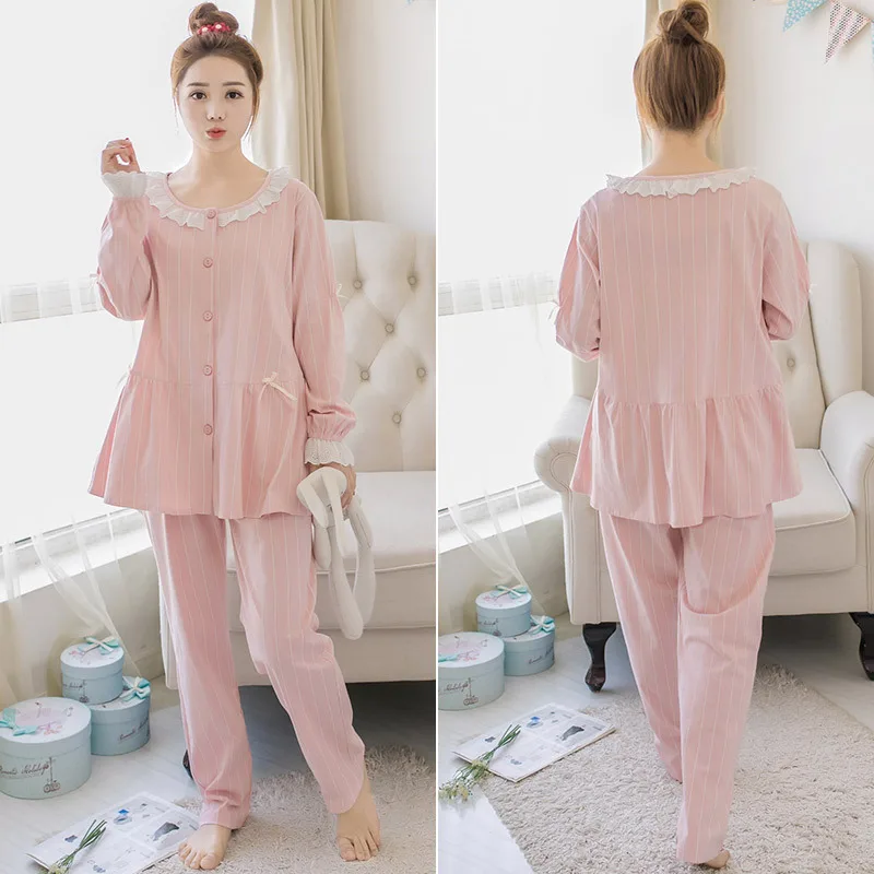 Sweet Maternity Nursing Nightwear Pink Cotton Breastfeeding Sleepwear For Pregnant Women Autumn Pregnancy Pajamas Night Wear Set