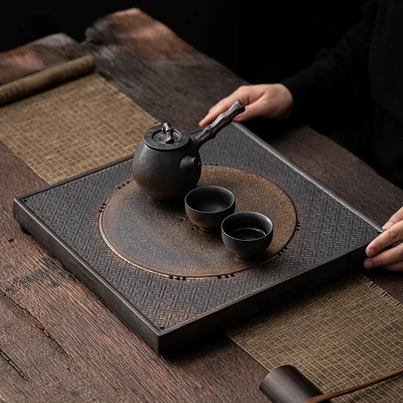 

Retro creative ceramic tea tray, antique gilt stoneware, dual-use square tea tray, drain tea table, Japanese style simple tray