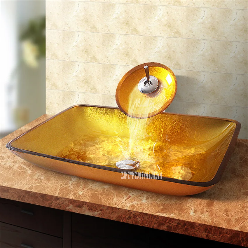 

Above Counter Basin Household Hotel Washing Basin Bowl Automobile Front Grade Toughened Glass Rectangle Artistic Sink Bathroom