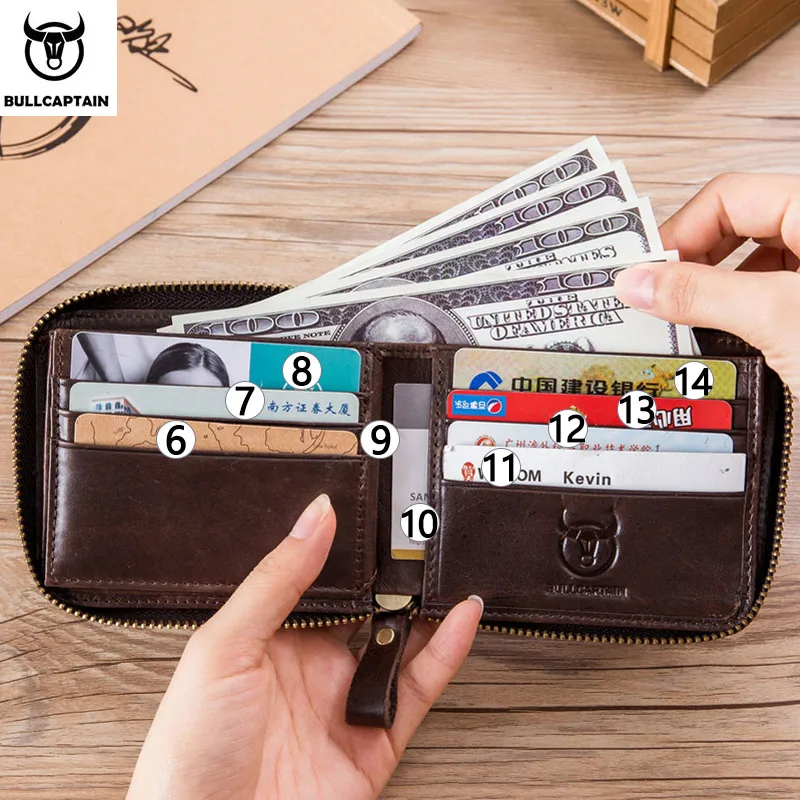 BULLCAPTAIN RFID Leather Men\'s Wallet Brand Wallet Retro Men\'s Short Coin Purse Zipper Wallet Card Holder Wallet