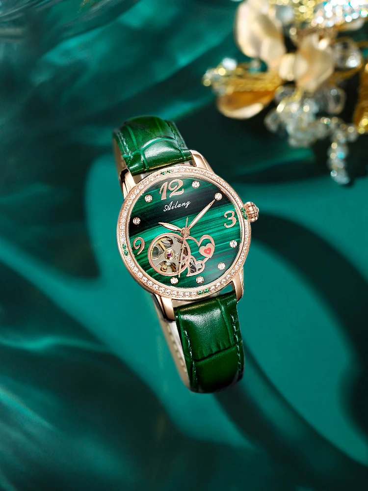 Luxury Automatic Skeleton Mechanical Watch Ladies Watch High Quality Waterproof Diamond Green Watch Luminous Watch