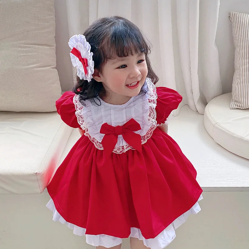 Spring Puff Sleeves Lace Bow-tie Satin Red Princess Dress  Baby Girl Christmas Gown O Neck Child 2 Daily Dress