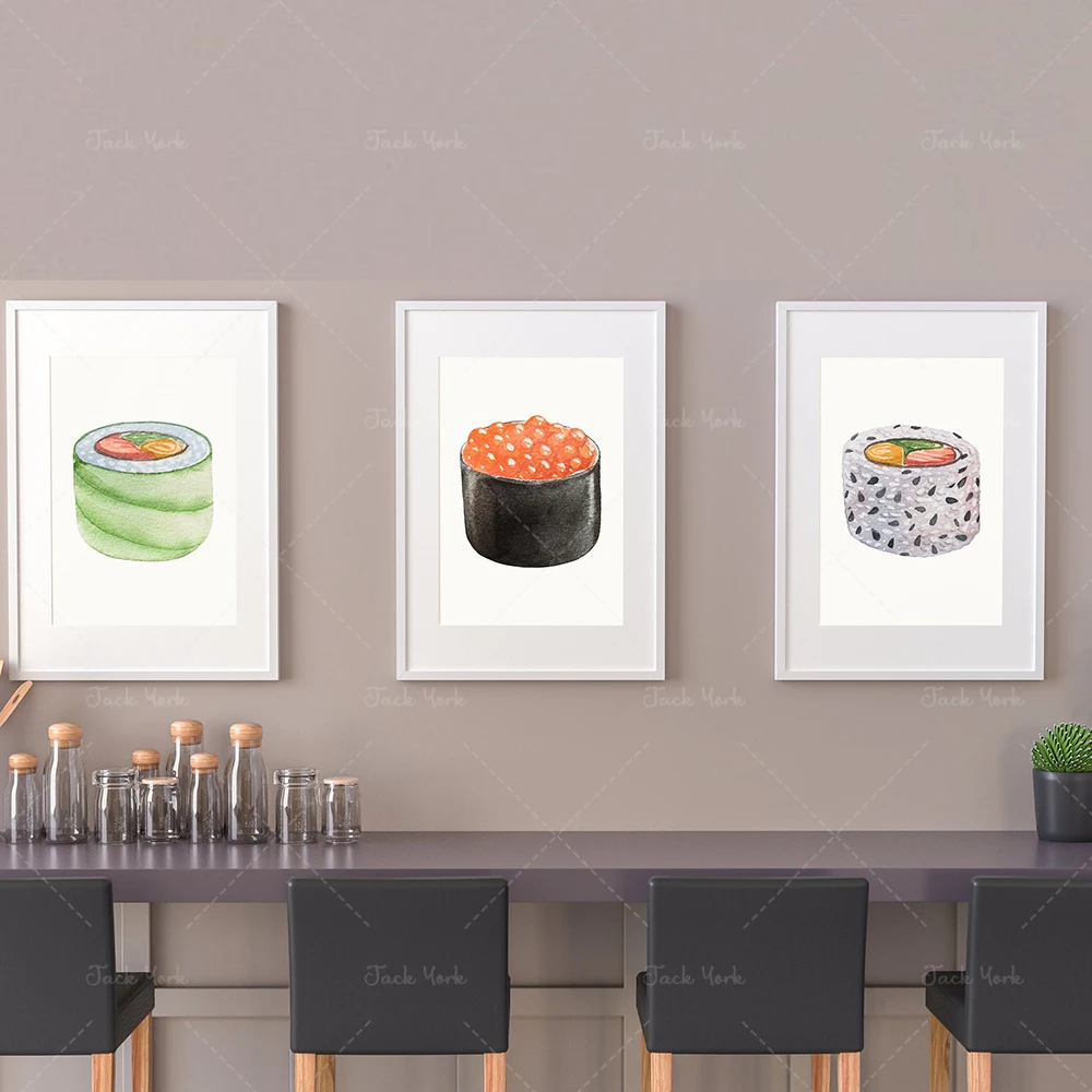 Set of 3 Kitchen Prints | Watercolor Sushi Wall Art | Modern Japanese Wall Decor | Home Decor | Food Art | Gift Idea