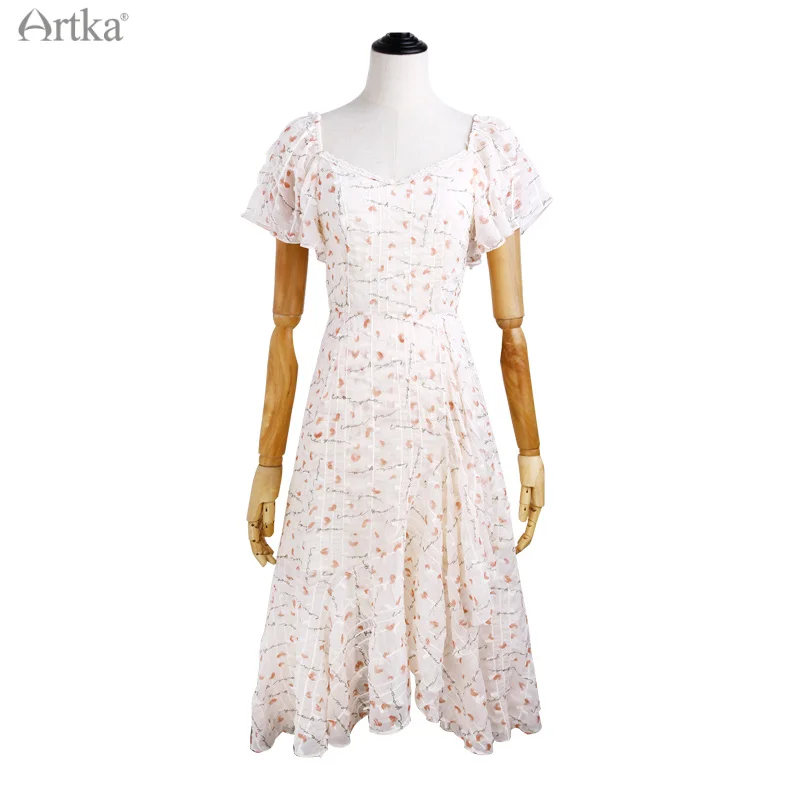 ARTKA 2021 Summer New Women Dress French Vintage Square Collar Chiffon Dresses Short Sleeve Ruffles Floral Midi Dress LA25314X