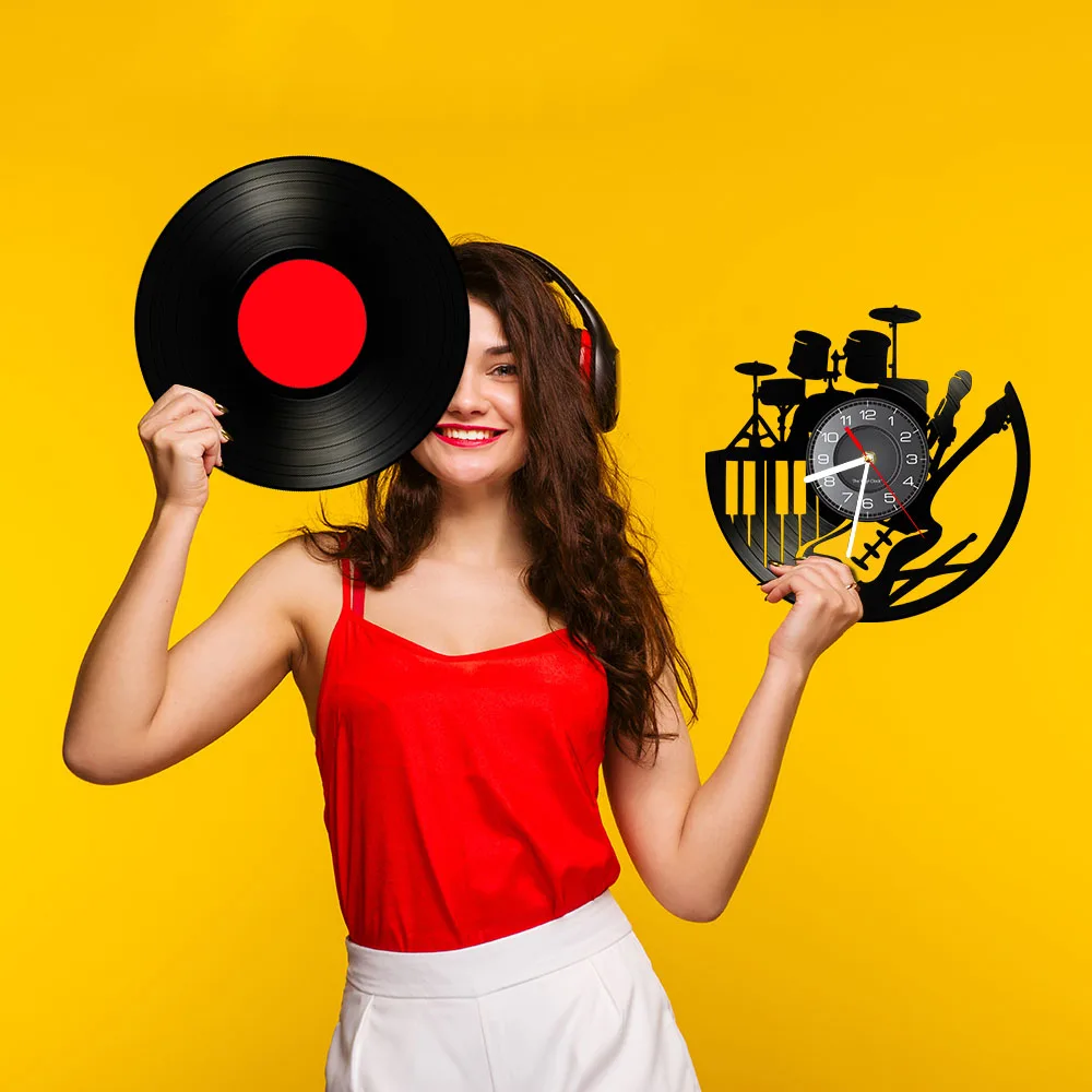 Electric Guitar Drum Rack Set Vinyl Record Wall Clock Band Music Musical Intrument Room Sign Retro CD Disc Rock n Roll Gift