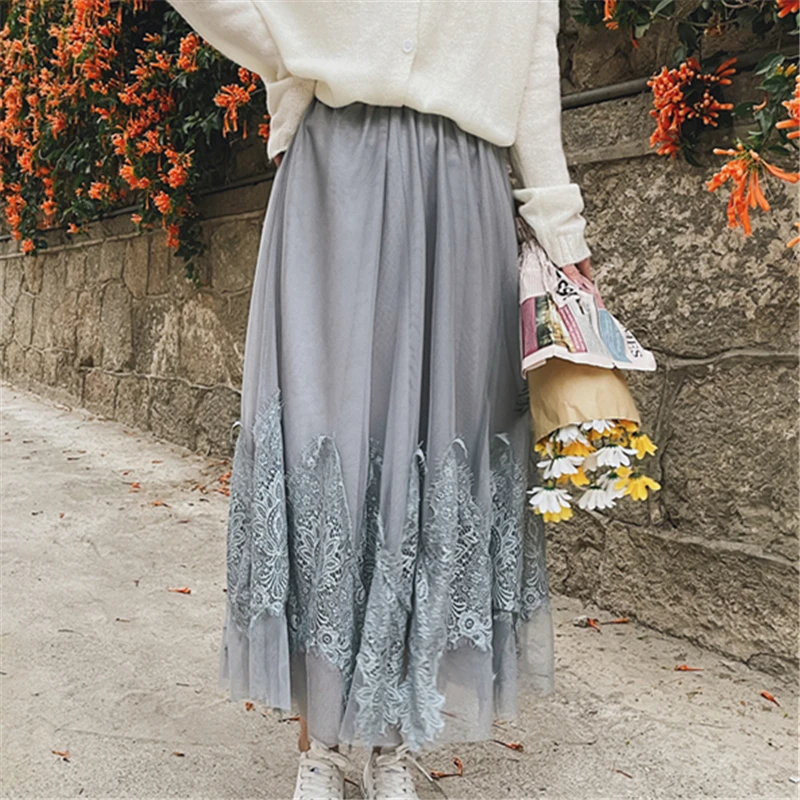 REALEFT 2021 New Autumn Women's Lace Skirts Elegant High Elastic Waist Mesh Lace Patchwork Casual Holiday Ladies Skirts Female