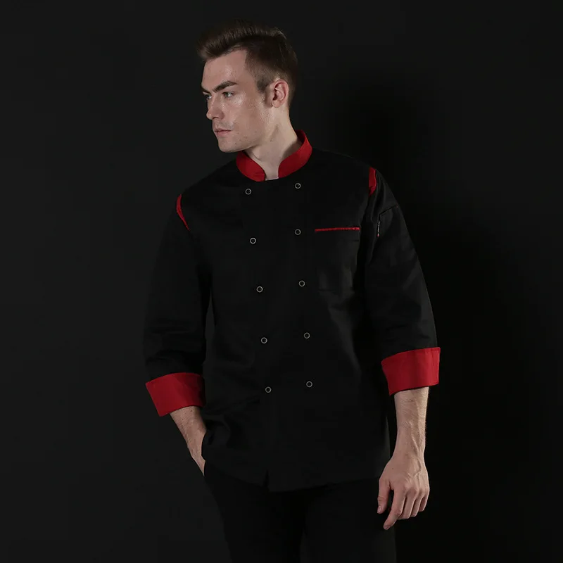 Abbigliamento da cuoco da uomo maniche lunghe uniforme da ristorante donna e uomo cucina Catering cappotto da cuoco nero giacca da cuoco doppio petto