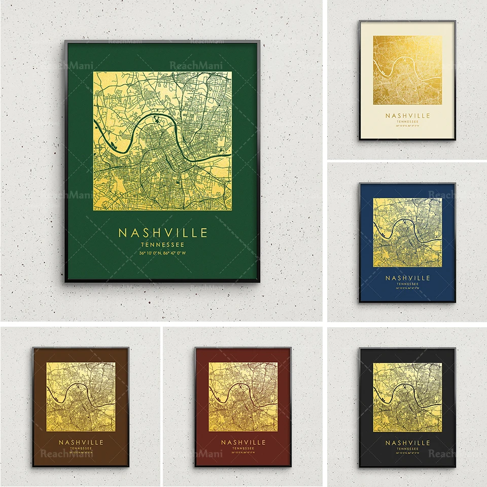 

Nashville map printing, gold and silver Nashville square map, Nashville wall decoration, Nashville street map, map gift creative