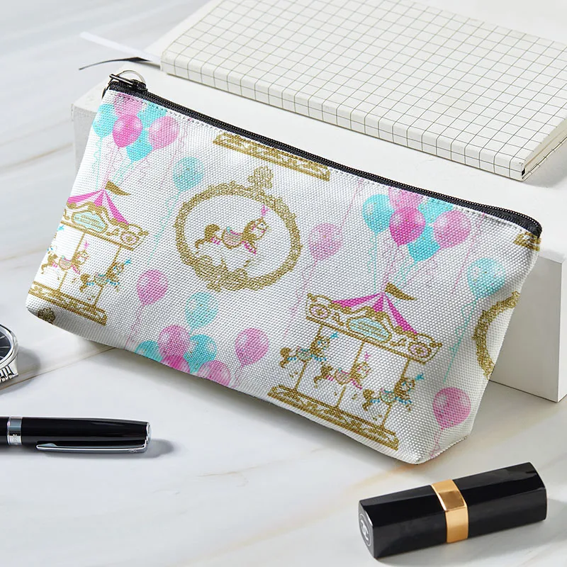 Cute 3D Carousel Print Travel Cosmetic Bag forMakeup Case Women Portable Zipper Make Up Handbag Organizer Storage Pouch Toiletry