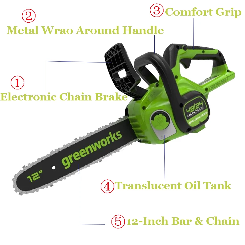 New Greenworks 24v / 48v Cordless Chainsaw CSG401 Dual Volt Brushless Chain saw 12 Inch Guide Bar Wood Cutter Power Tools