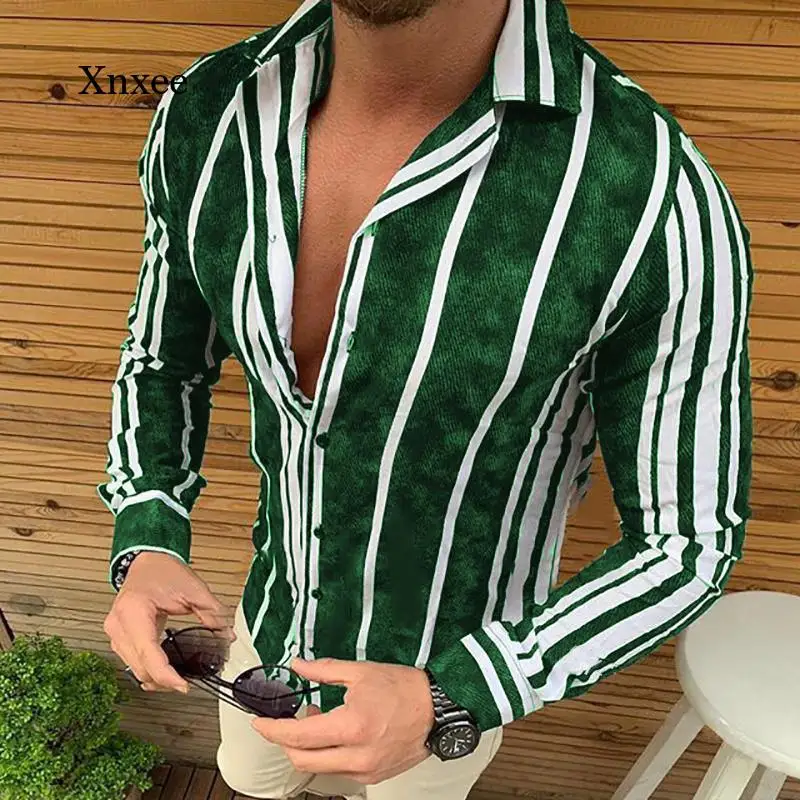 Primavera e outono masculino tamanho grande camisa casual listrado decoração único breasted lapela manga longa respirável moda