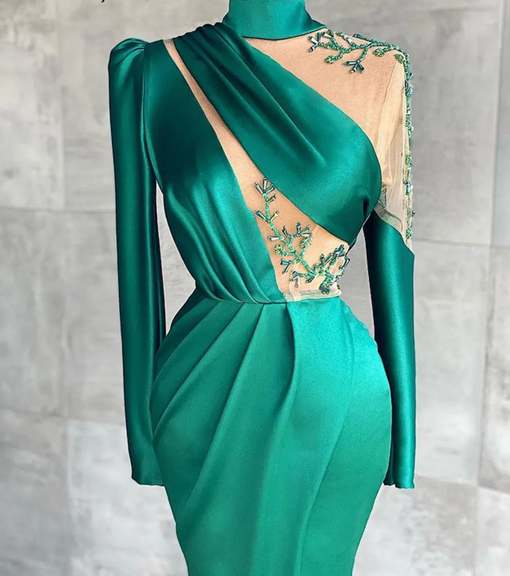 Robe De soirée longue en Satin vert dubaï, Sexy, manches transparentes, col haut, style sirène, fente latérale, robes De bal formelles, 2021