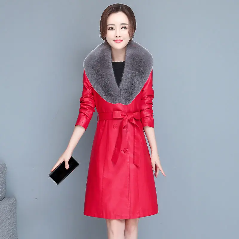 Áo Khoác Da Nữ Trung Dài Mỏng Dây Áo Gió CoatLadies Da Cừu Mùa Thu Đông Da Thật Chính Hãng Da Ấm