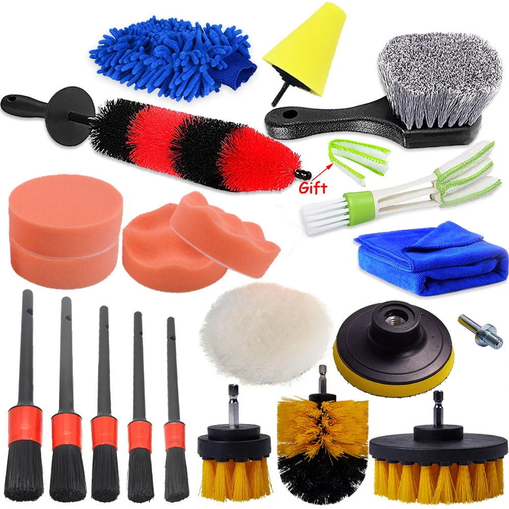 20Pcs Detailing Brush Set Car Cleaning Brushes Power Scrubber Drill Brush For Car Leather Air Vents Rim Cleaning Dirt Dust Clean