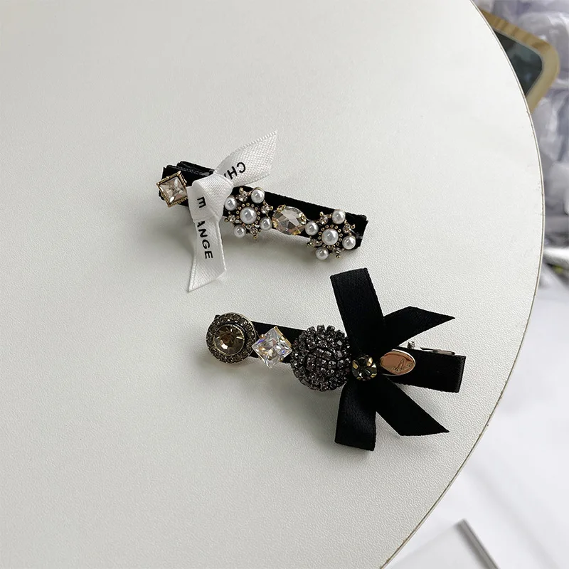 New France Black Bow Pearl Hair Accessories Hair Clips Pins Elegant Daily Bowknot Imitation Pearl Headwear Barrettes Spring Clip