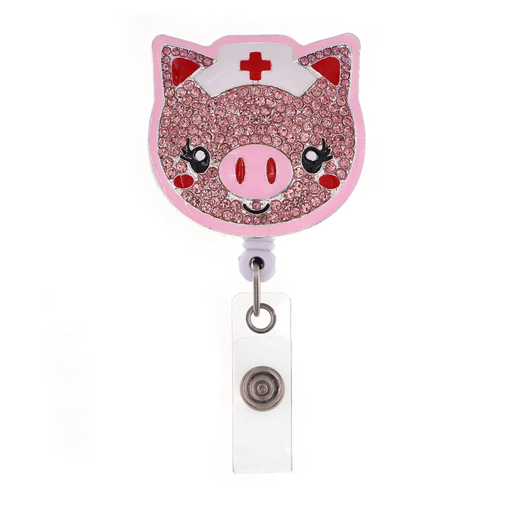 10pcs/lot Pink Enamel Rhinestone Retractable Badge Pull Reel Animal Cute Pig Head For Nurse Gift Hospital Badge Holder